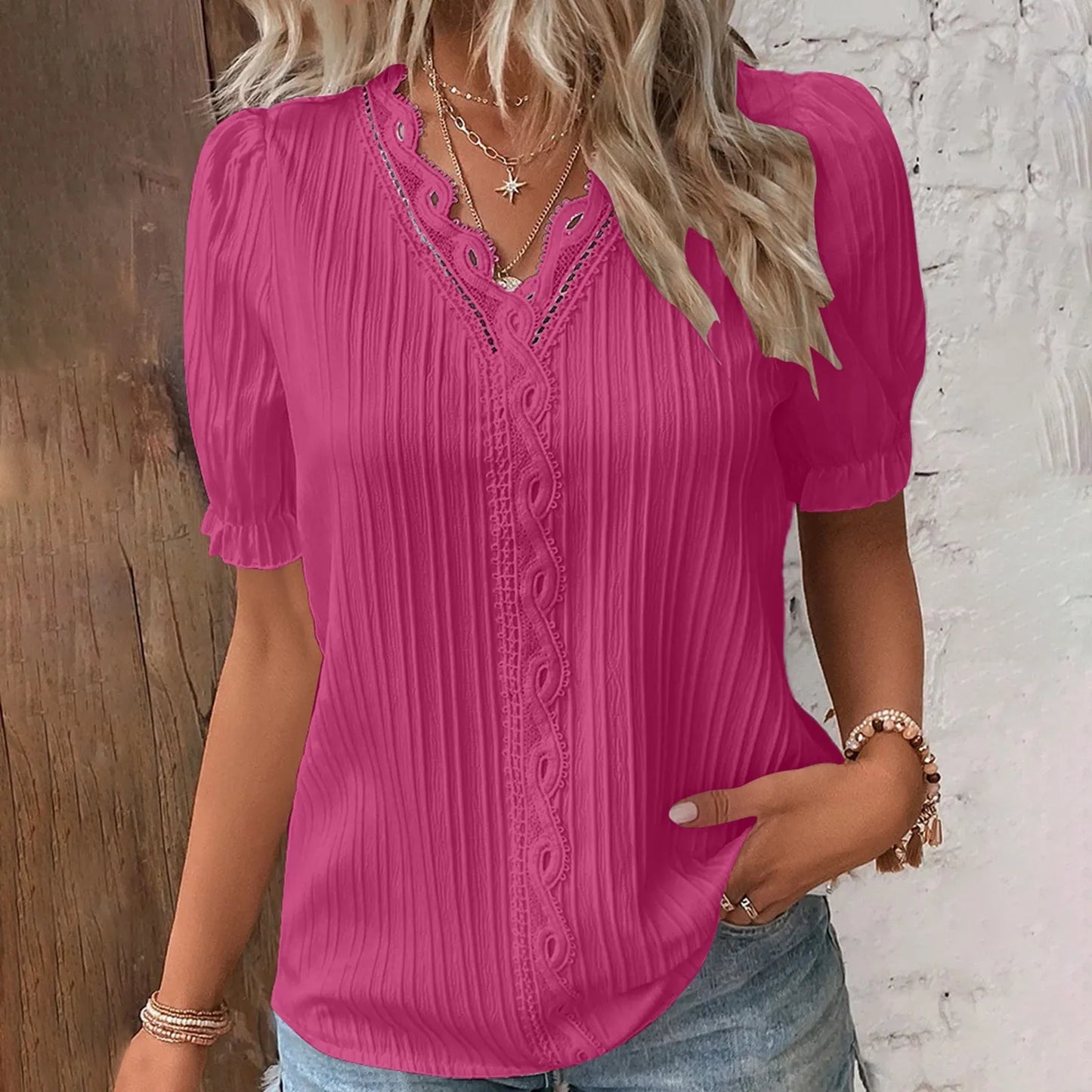 Elegant Lace V-Neck Short Sleeve Blouse for Women