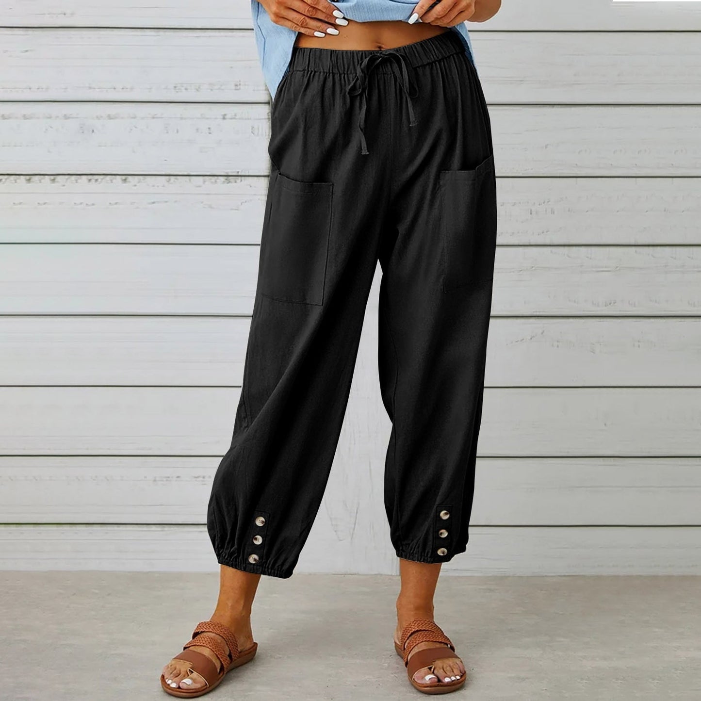 Ivyshape | Pants Ladies Linen Capri Pants for Relaxed Comfort In A Loose Style