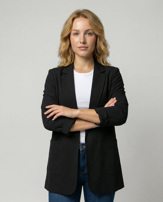 fitted elegant blazer with open-front design and tailored silhouette