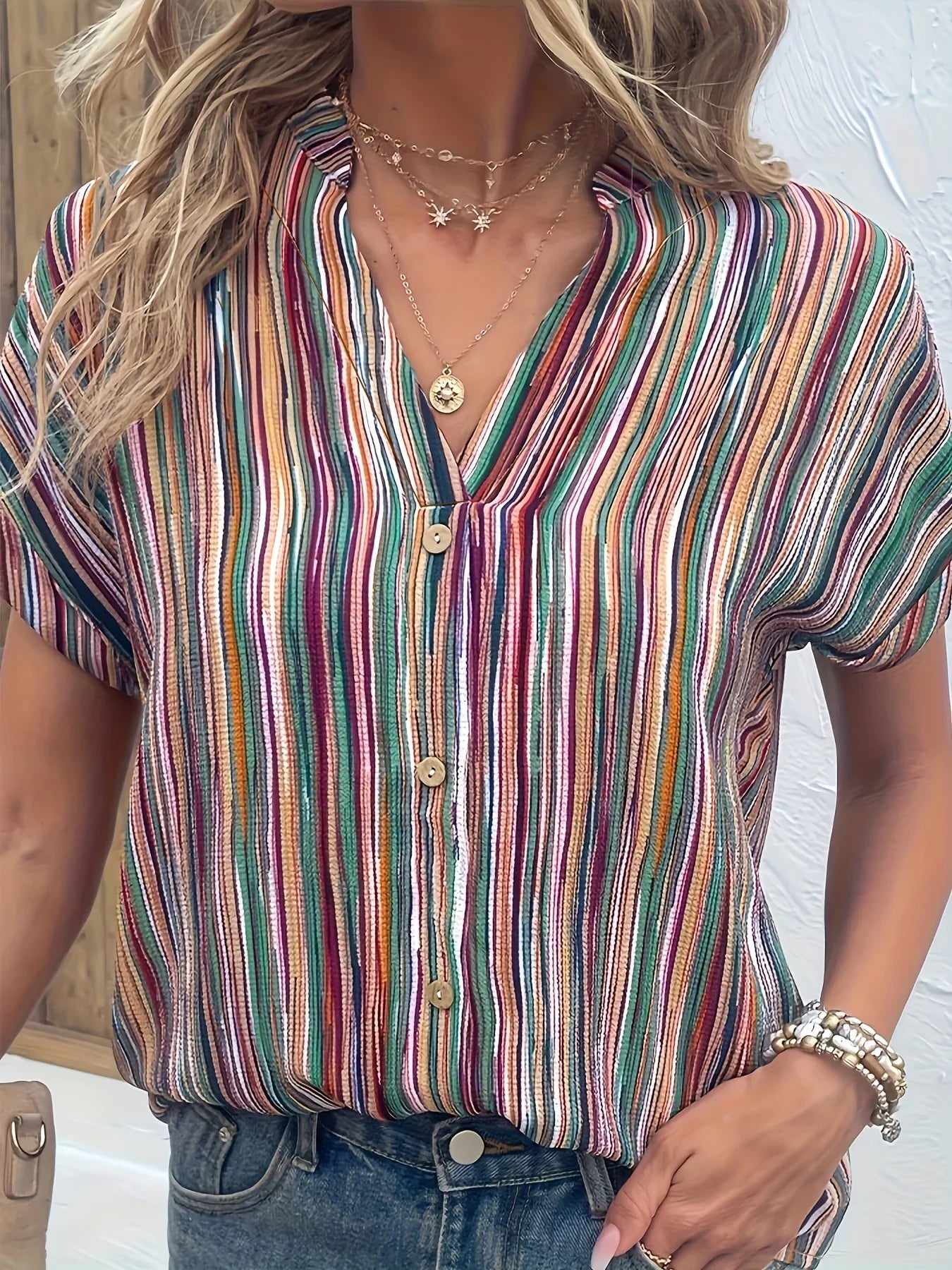 Stylish Striped Half-Sleeve Blouse for Women