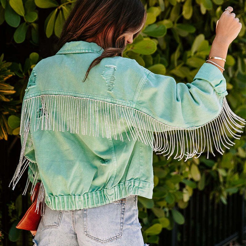 Ivyshape | Denim Jacket with Glitter Fringe for Women