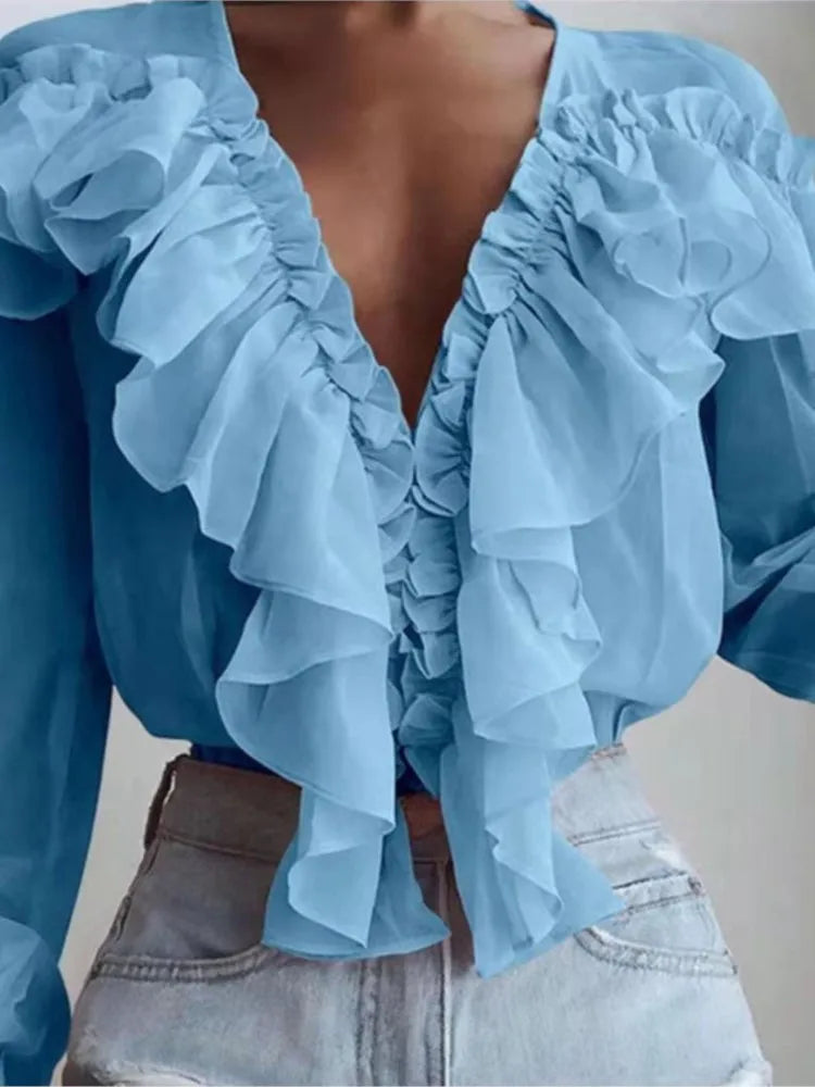 Women's Spring/Autumn V-Neck Pleated Ruffle Blouse