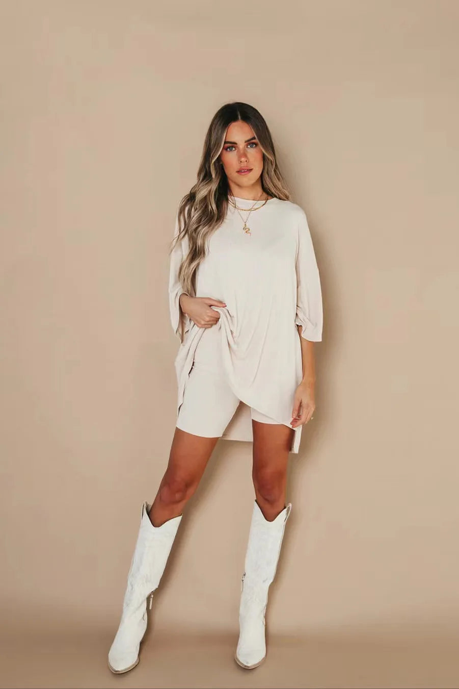 Ivyshape | Women's Loose Shirt And Biker Shorts Set Trendy