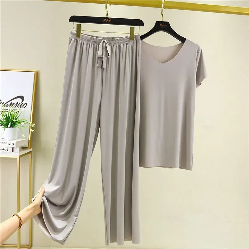 Ivyshape | Soft Ice Silk T-Shirt with Pants Set