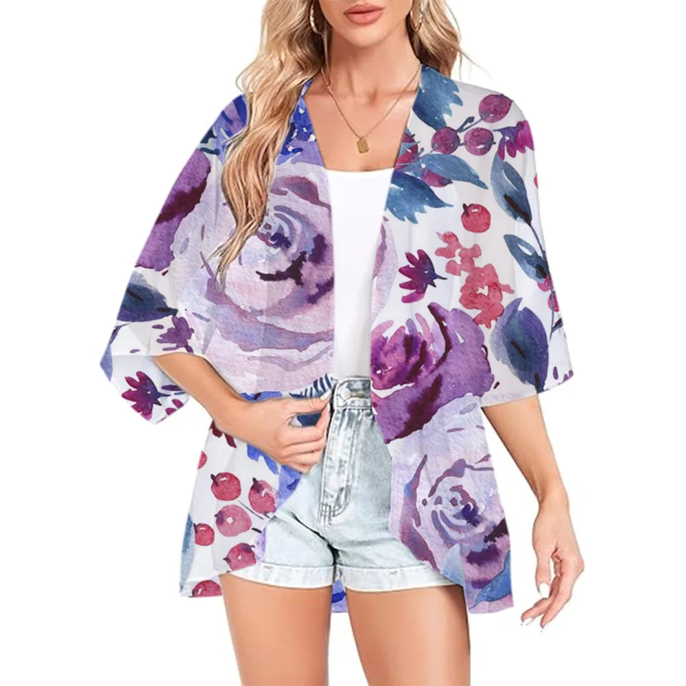 Trendy Watercolor Floral Kimono Cardigan for Women