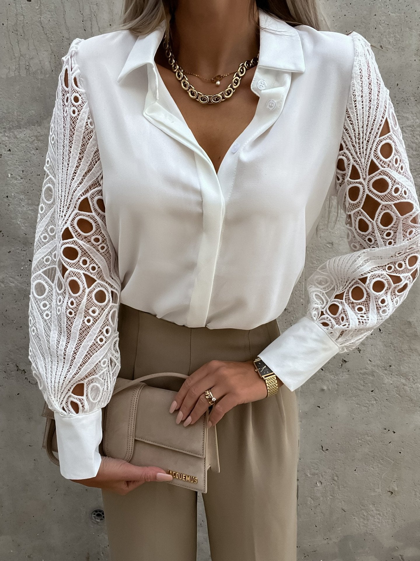 V-Neck Lace Sleeve Blouse