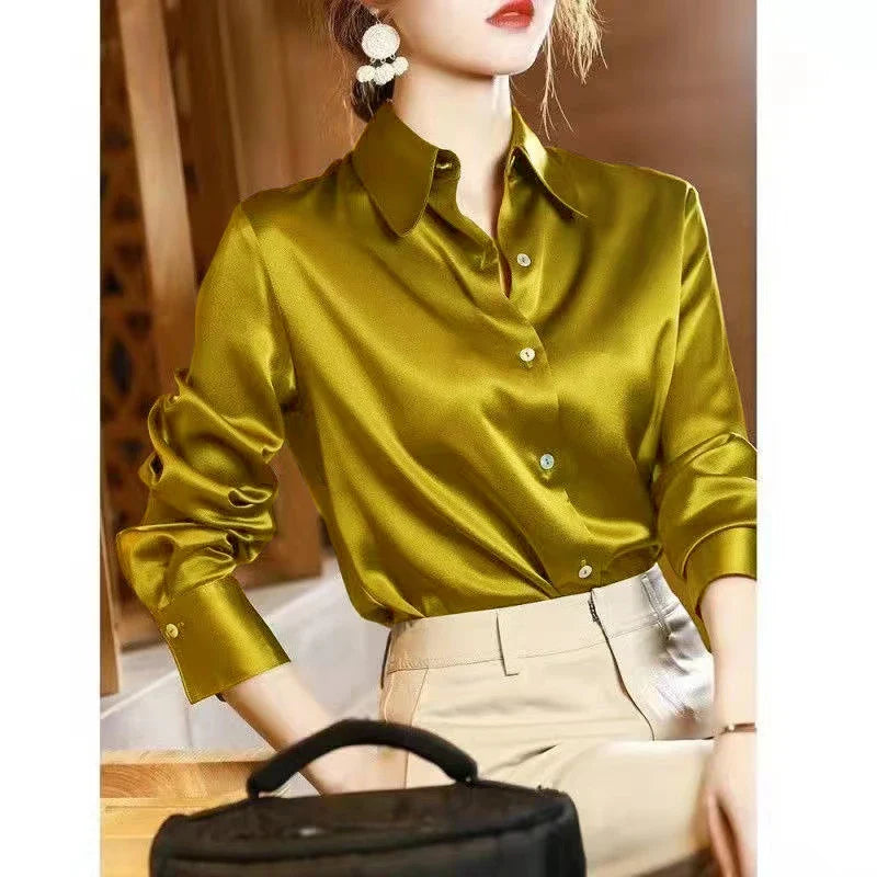 Elegant Satin Long-Sleeved Blouse for Women