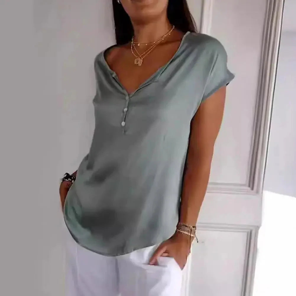 Ivyshape | Sleeve Blouse Loose Fit V-Neck Silky Top Women's Top