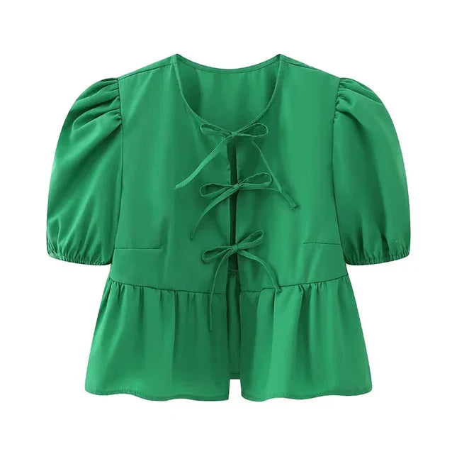 Ivyshape | Sleeve Blouse Puff Sleeve Loose Fit Tops With Front Tie Tie Front Blouse