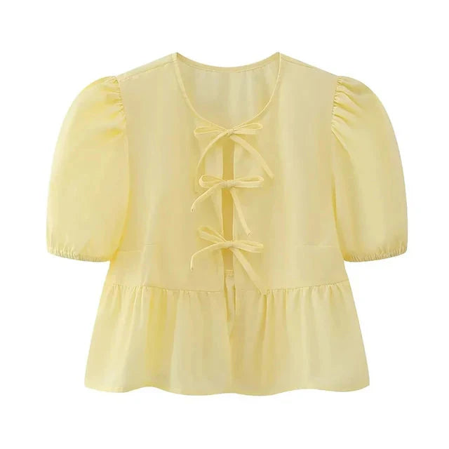 Ivyshape | Sleeve Blouse Puff Sleeve Loose Fit Tops With Front Tie Tie Front Blouse