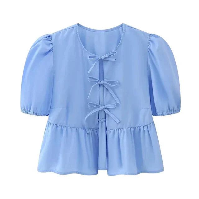 Ivyshape | Sleeve Blouse Puff Sleeve Loose Fit Tops With Front Tie Tie Front Blouse