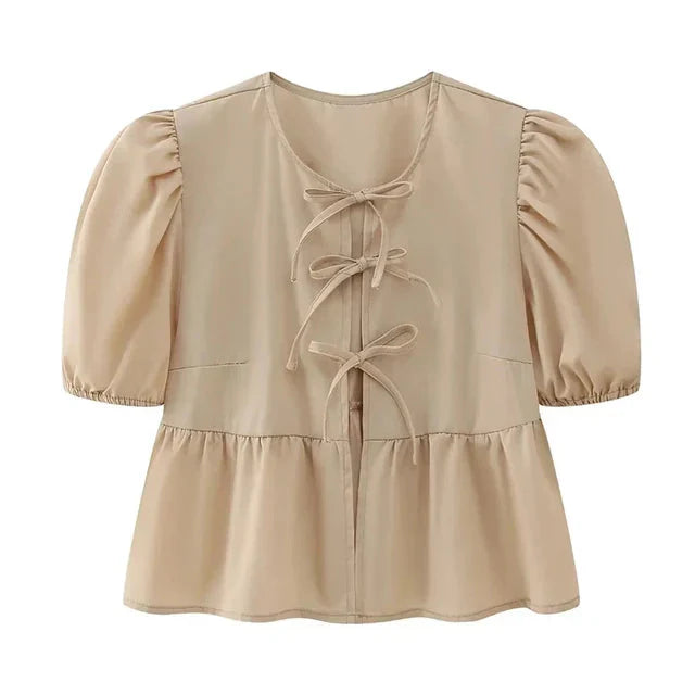 Ivyshape | Sleeve Blouse Puff Sleeve Loose Fit Tops With Front Tie Tie Front Blouse