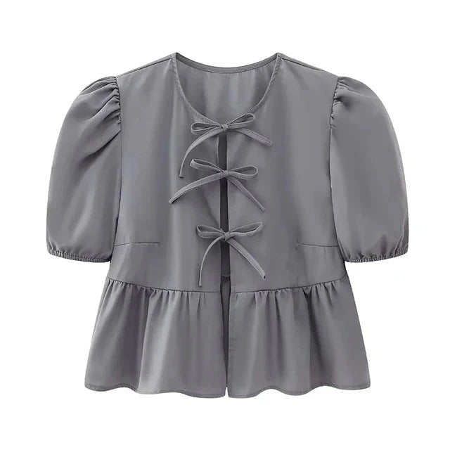 Ivyshape | Sleeve Blouse Puff Sleeve Loose Fit Tops With Front Tie Tie Front Blouse