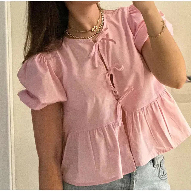 Ivyshape | Sleeve Blouse Puff Sleeve Loose Fit Tops With Front Tie Tie Front Blouse