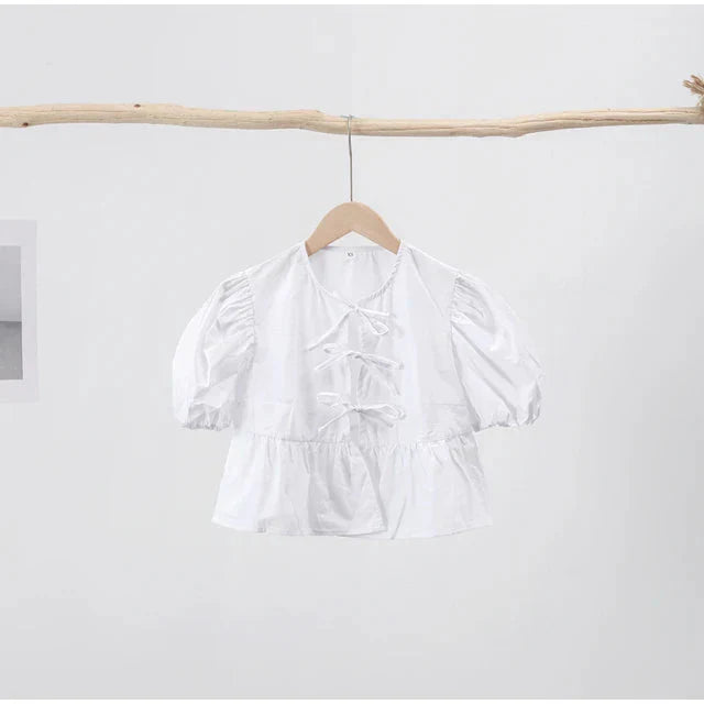 Ivyshape | Sleeve Blouse Puff Sleeve Loose Fit Tops With Front Tie Tie Front Blouse