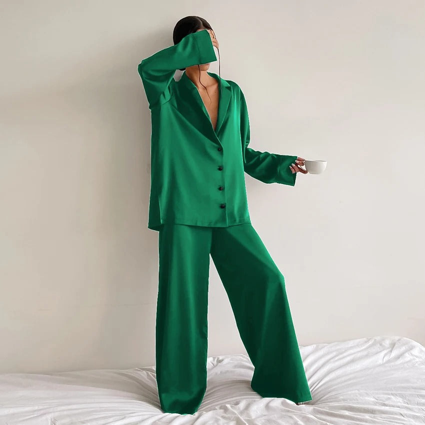 Ivyshape | Pajama Set Oversized Long Sleeve Satin Pajama Set Women's Sleepwear