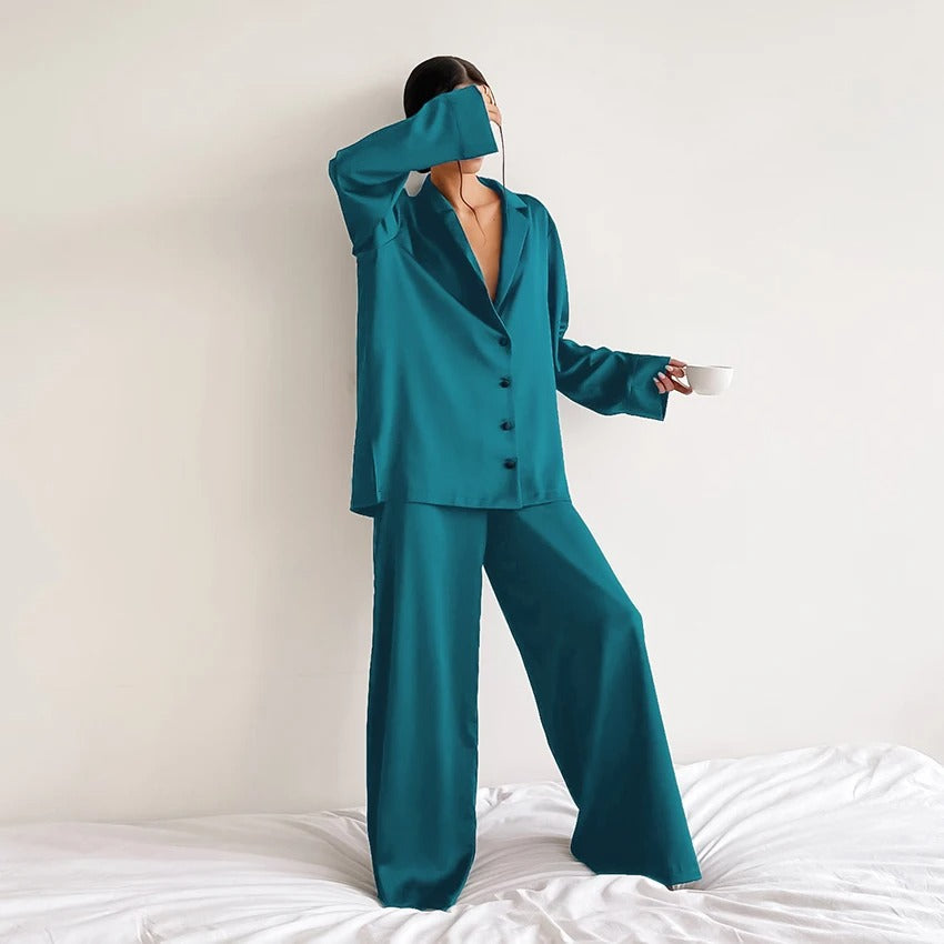 Ivyshape | Pajama Set Oversized Long Sleeve Satin Pajama Set Women's Sleepwear