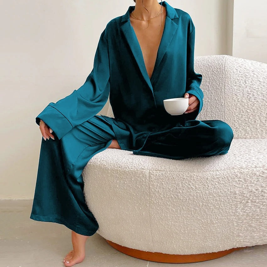 Ivyshape | Pajama Set Oversized Long Sleeve Satin Pajama Set Women's Sleepwear