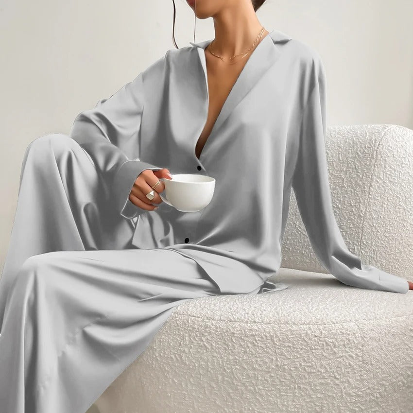 Ivyshape | Pajama Set Oversized Long Sleeve Satin Pajama Set Women's Sleepwear