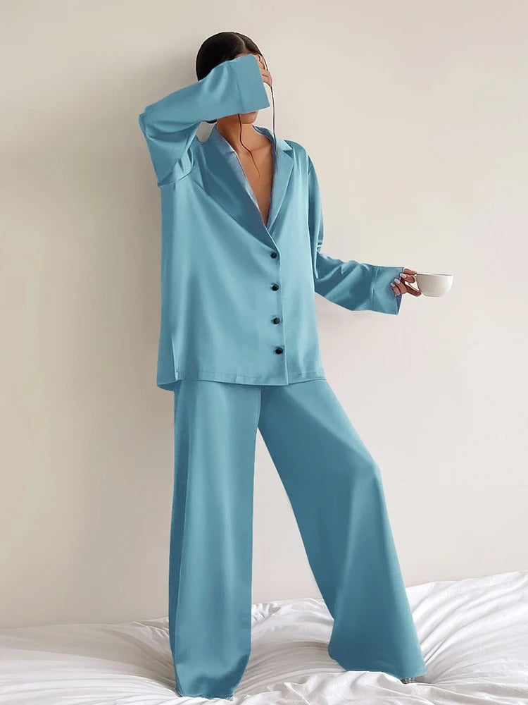 Ivyshape | Pajama Set Oversized Long Sleeve Satin Pajama Set Women's Sleepwear