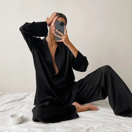 Ivyshape | Pajama Set Oversized Long Sleeve Satin Pajama Set Women's Sleepwear