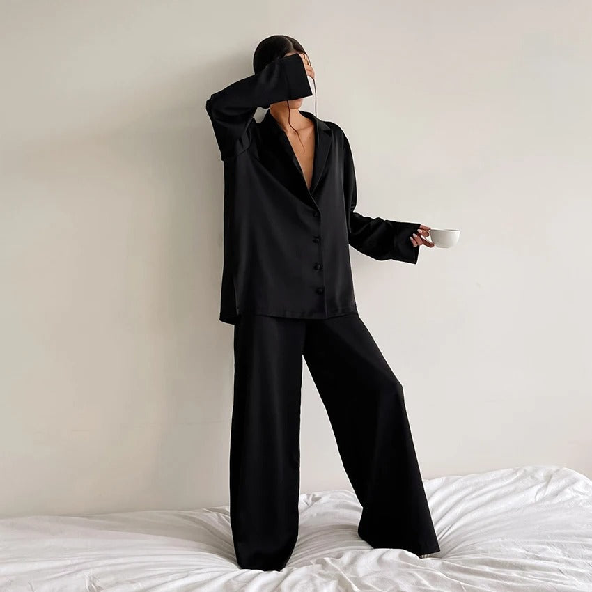 Ivyshape | Pajama Set Oversized Long Sleeve Satin Pajama Set Women's Sleepwear