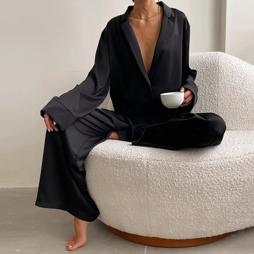 Ivyshape | Pajama Set Oversized Long Sleeve Satin Pajama Set Women's Sleepwear