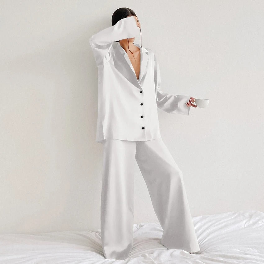 Ivyshape | Pajama Set Oversized Long Sleeve Satin Pajama Set Women's Sleepwear