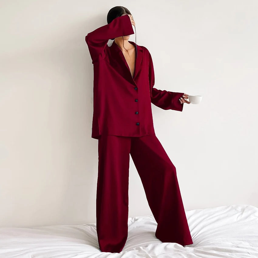 Ivyshape | Pajama Set Oversized Long Sleeve Satin Pajama Set Women's Sleepwear