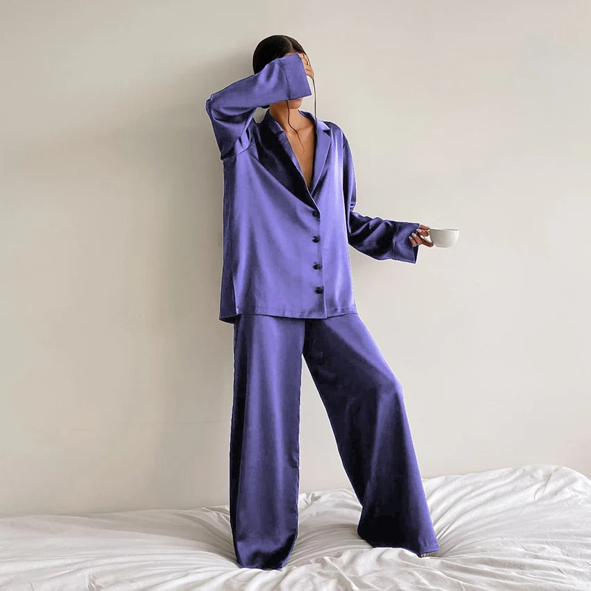 Ivyshape | Pajama Set Oversized Long Sleeve Satin Pajama Set Women's Sleepwear