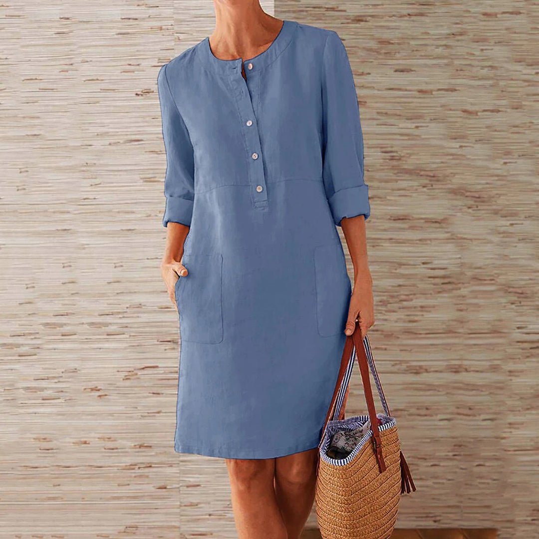 Ivyshape | Long-sleeved dress made of cotton and linen