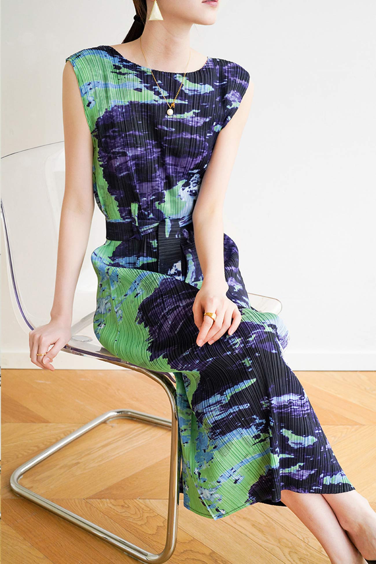 Side Slit Full Pleated Print Dress