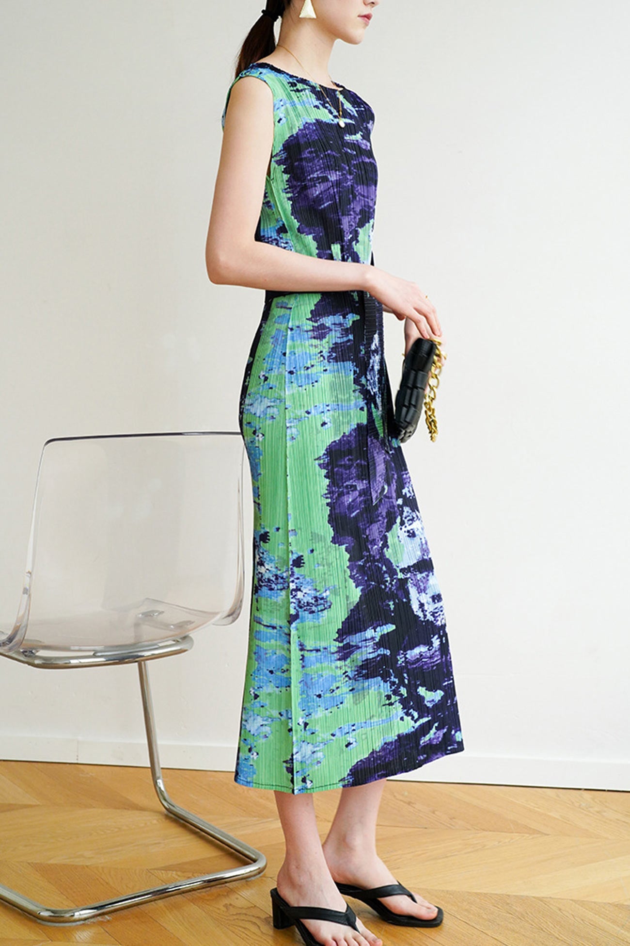 Side Slit Full Pleated Print Dress