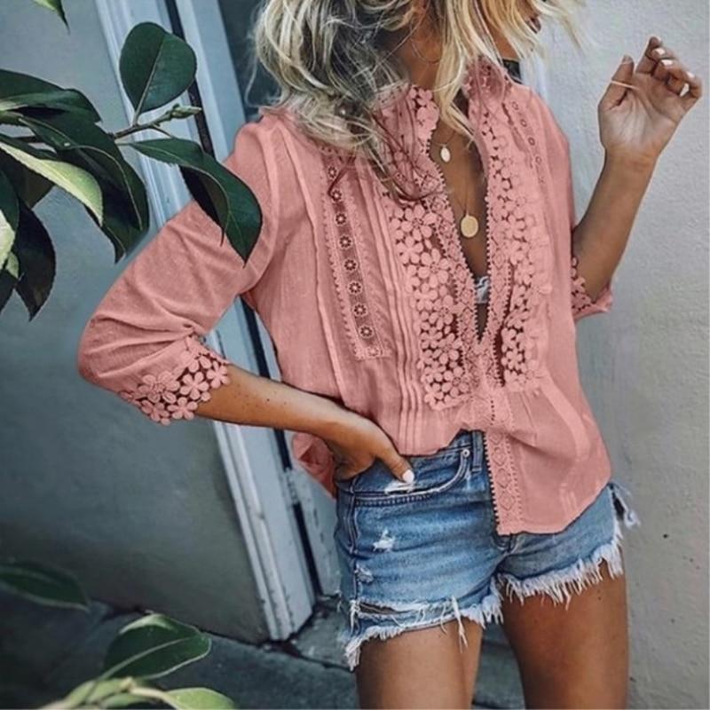 Solid Color Cotton Lace Patchwork Blouses Tops