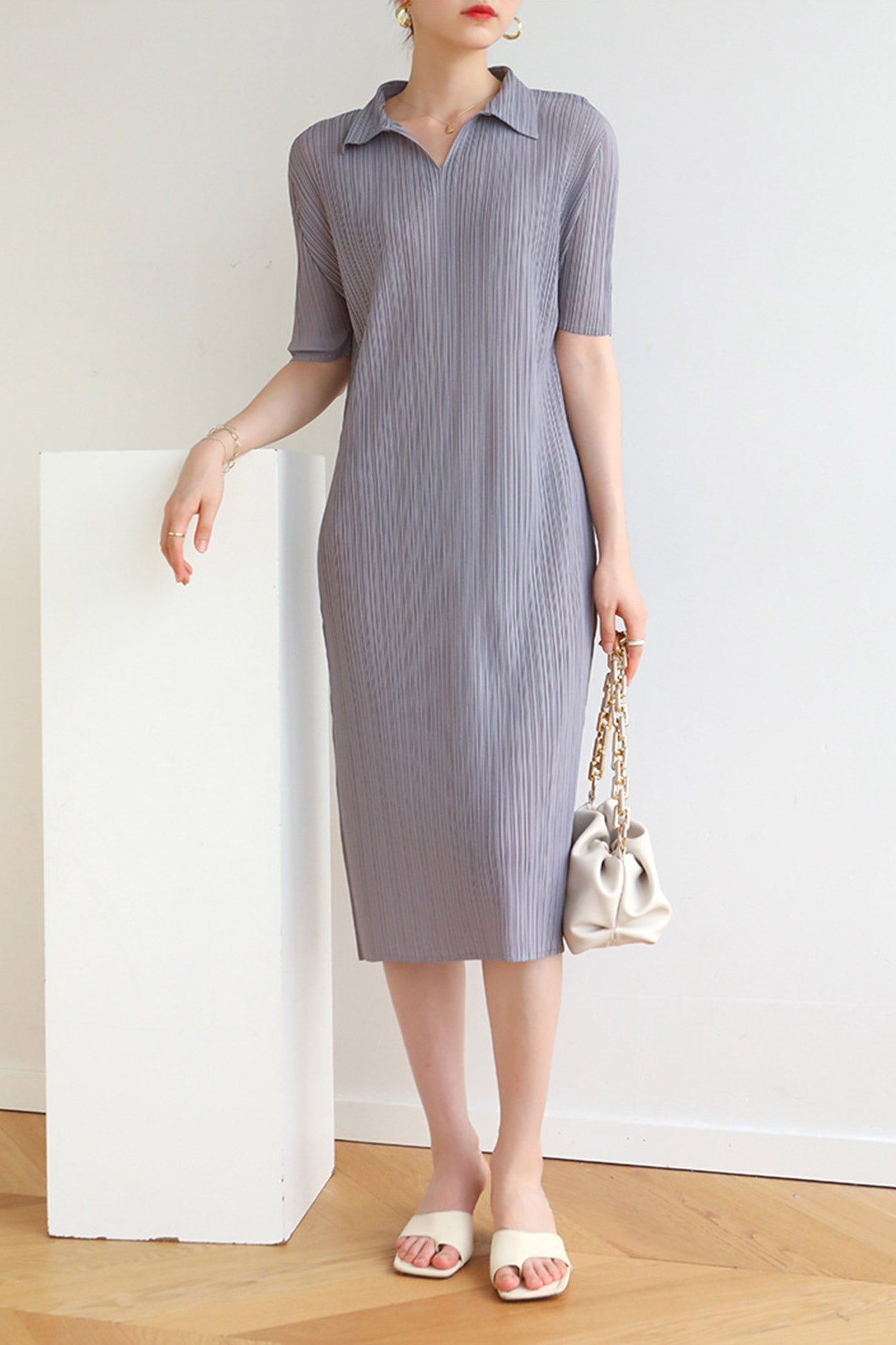 Polo Neck Full Pleated Dress