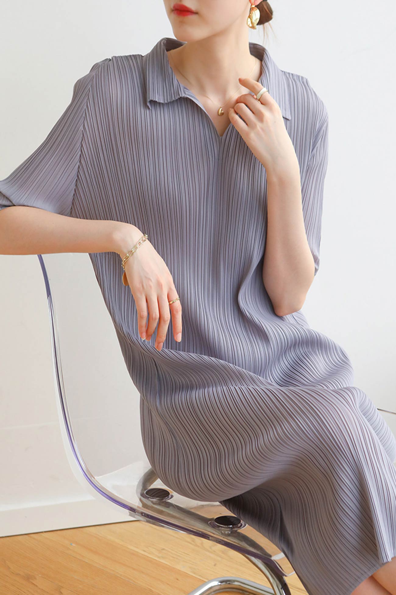 Polo Neck Full Pleated Dress