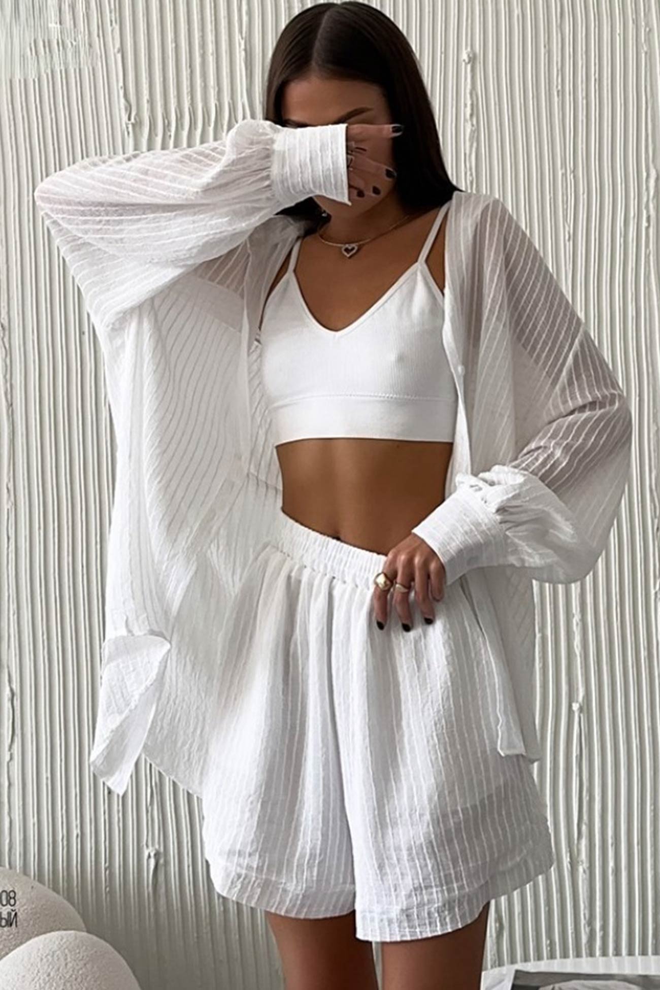 Textured Long Sleeve Shirt Two-piece Shorts Set