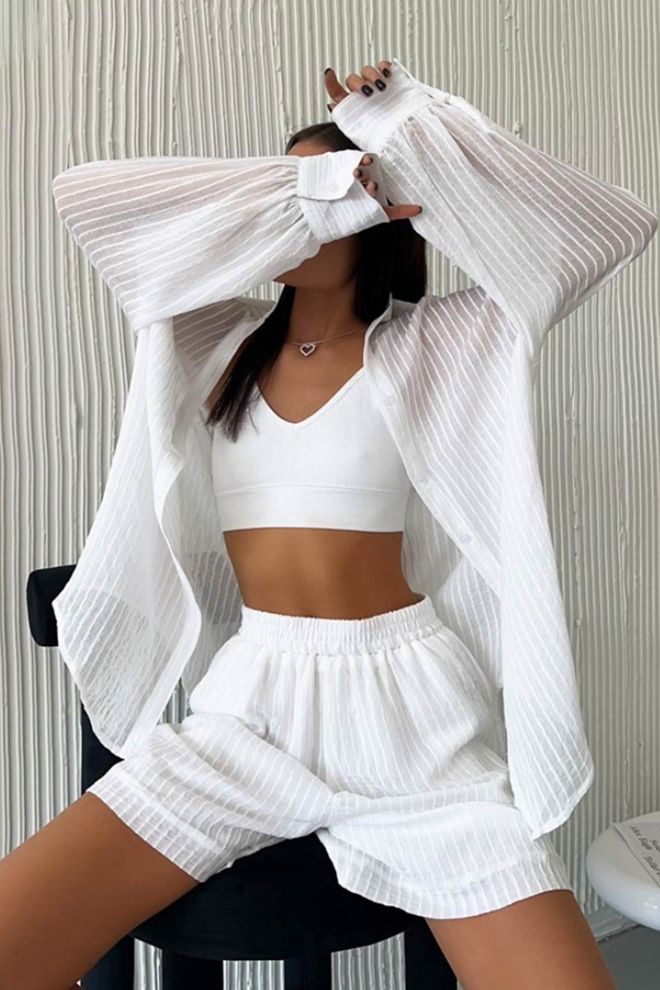 Textured Long Sleeve Shirt Two-piece Shorts Set