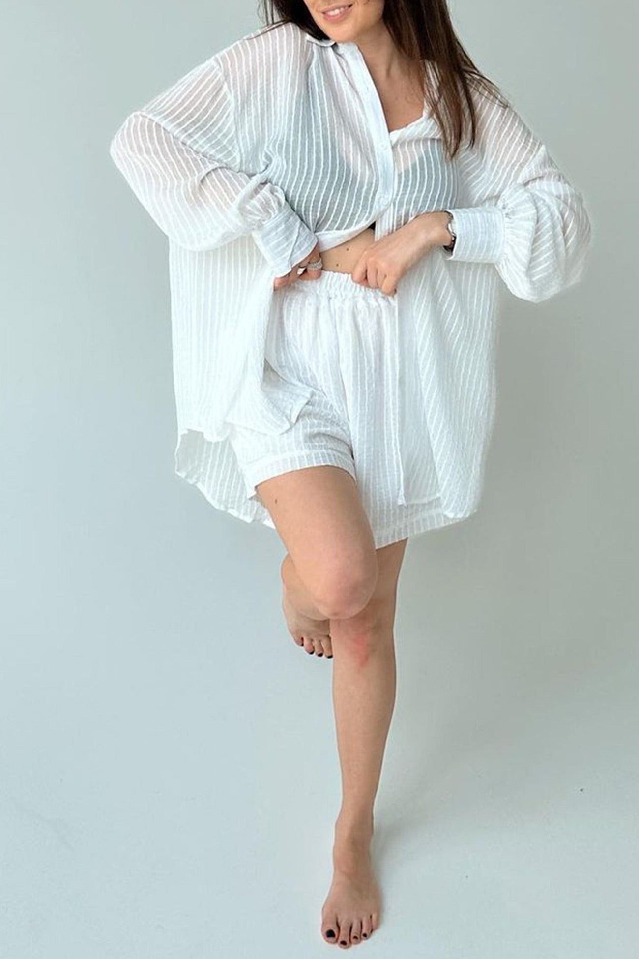 Textured Long Sleeve Shirt Two-piece Shorts Set