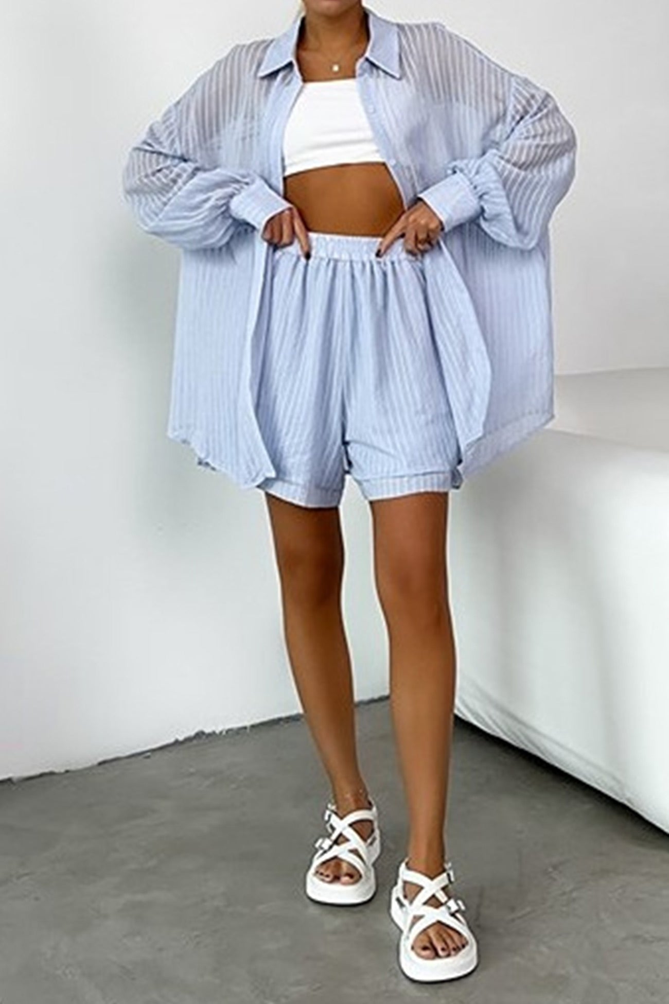 Textured Long Sleeve Shirt Two-piece Shorts Set