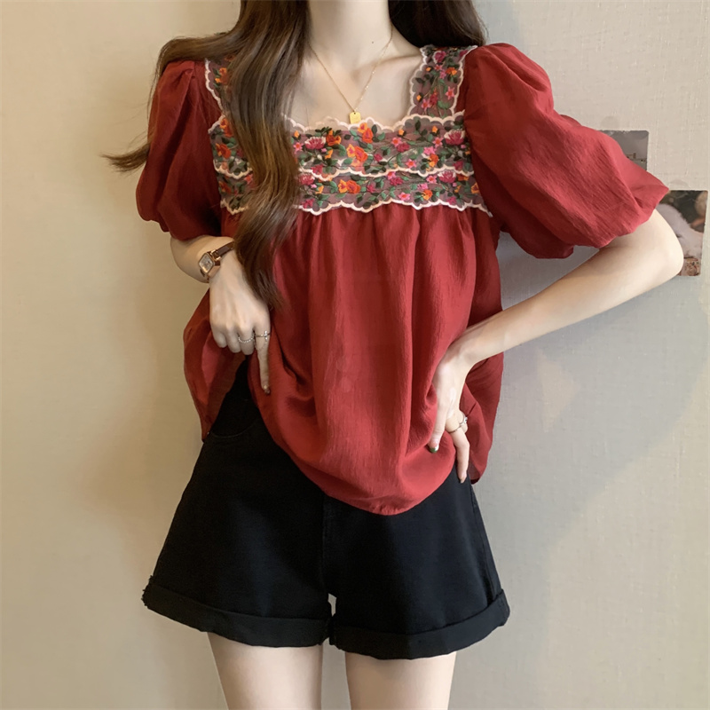 Women's Sweet Flower Embroidery Chiffon Blouse