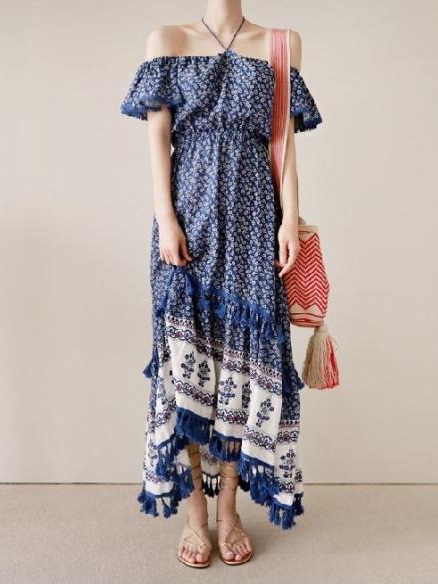 Tassel Off The Shoulder Dress Floral Print Maxi Hippie Long Dress