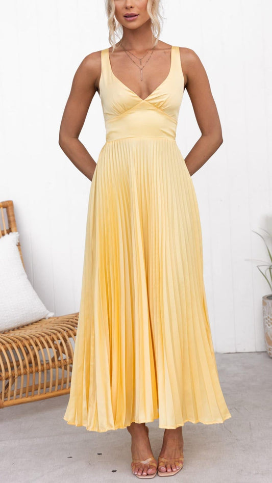Ivyshape | Yellow Pleated V Neck Maxi Dress