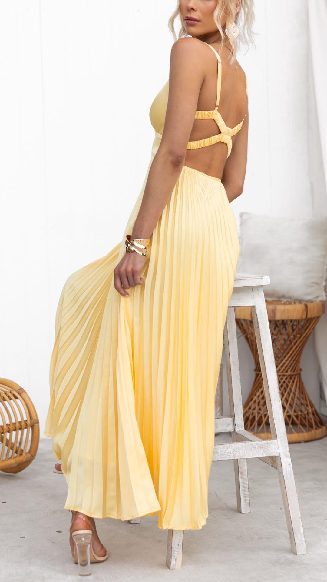 Ivyshape | Yellow Pleated V Neck Maxi Dress