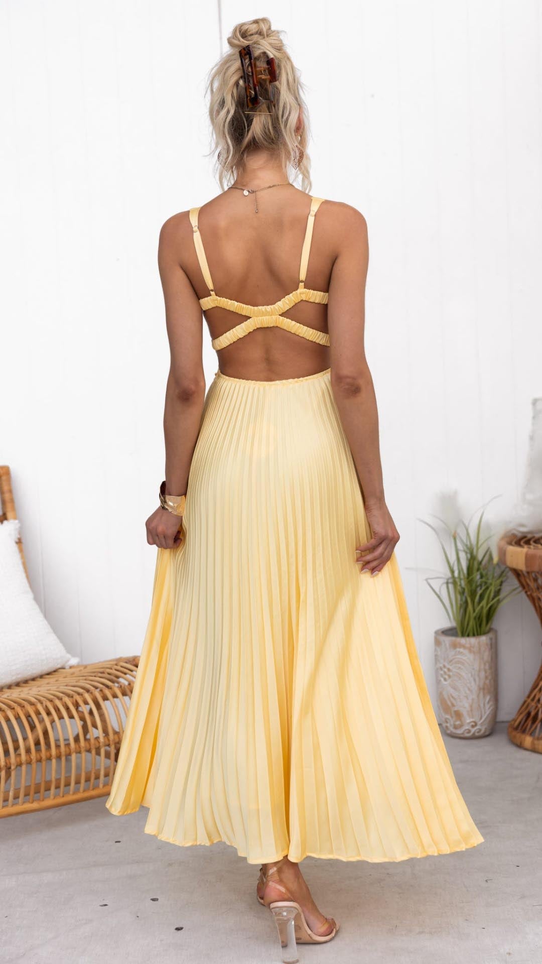 Ivyshape | Yellow Pleated V Neck Maxi Dress