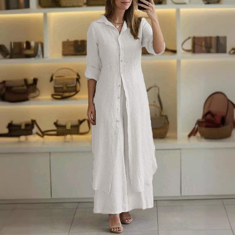 Ivyshape | Piece Set Women's Long Linen Blouse And Wide Leg Pants Set