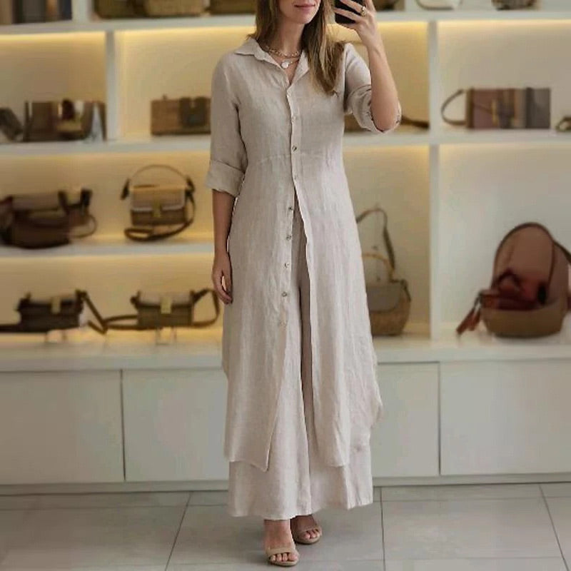 Ivyshape | Piece Set Women's Long Linen Blouse And Wide Leg Pants Set