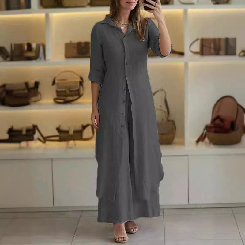 Ivyshape | Piece Set Women's Long Linen Blouse And Wide Leg Pants Set