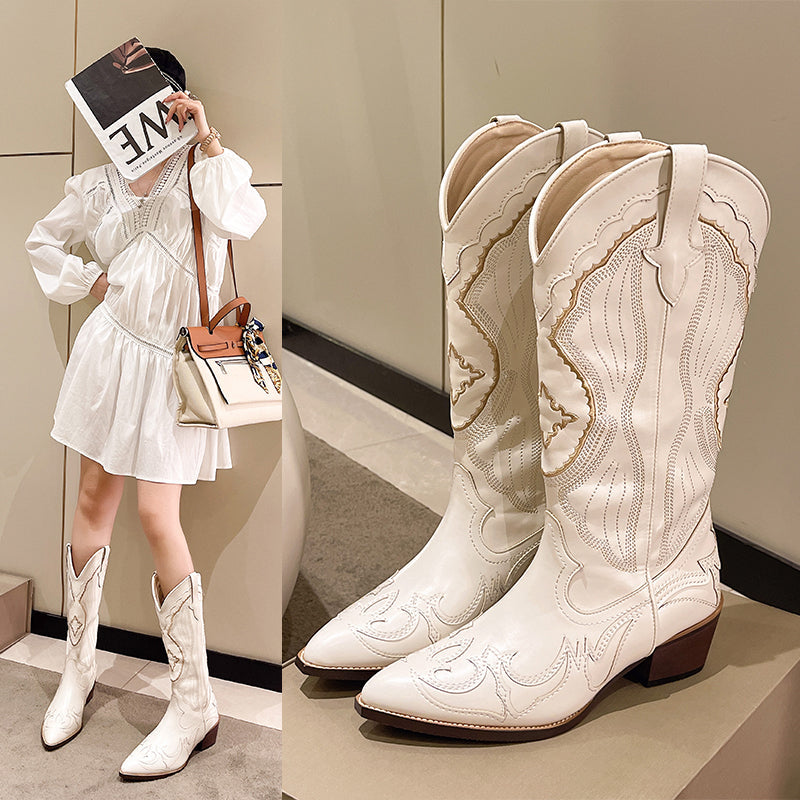 Ivyshape | Women Embroidered Western Boots Cowboy With Mid Calf