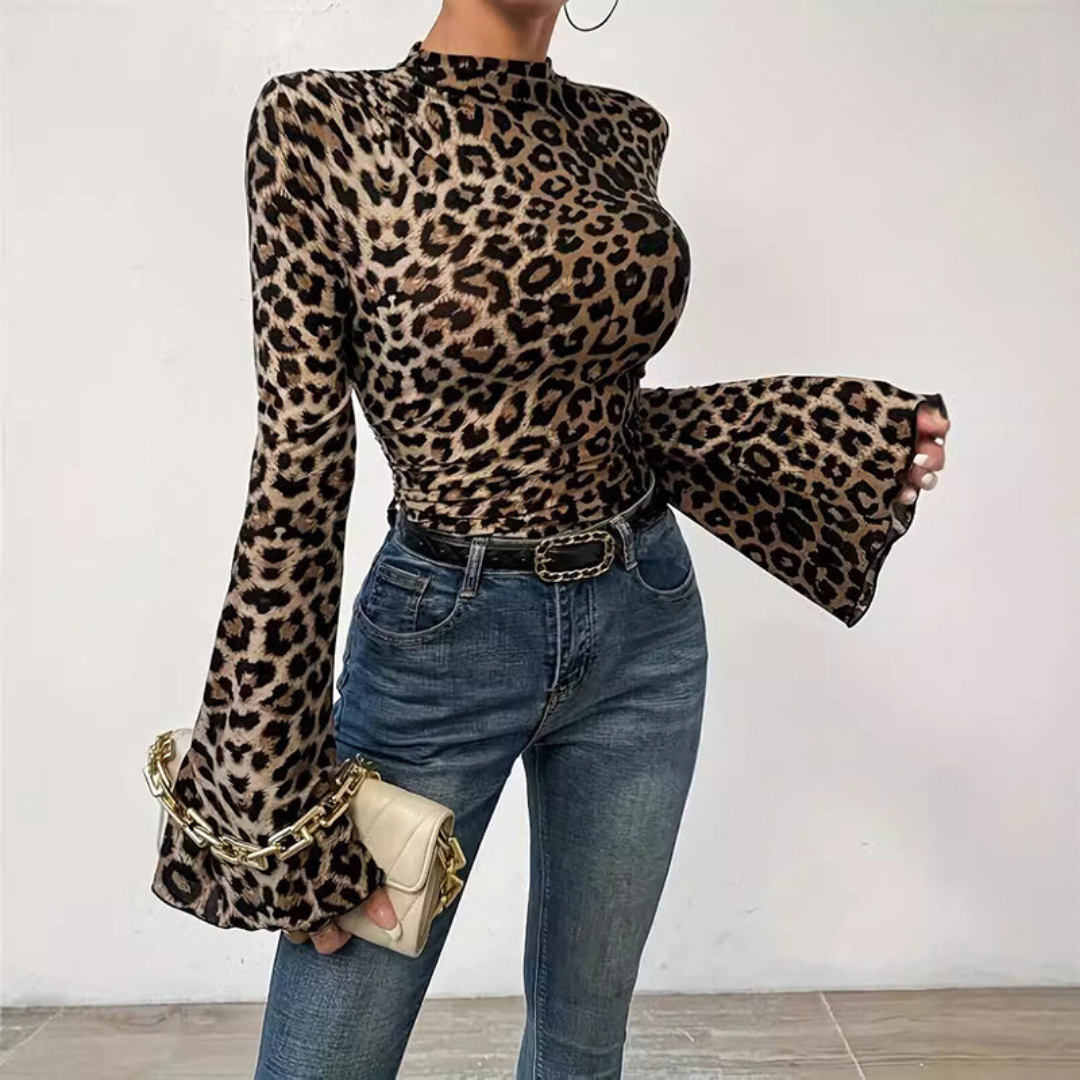 Women's Leopard Print O-Neck Flare Sleeve Blouse for Autumn